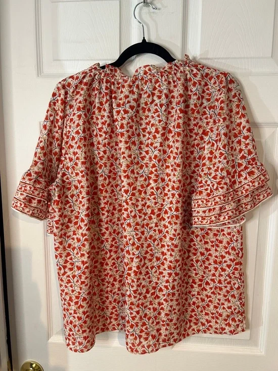 Max Studio Red Floral Tie-Neck Flutter Sleeve Blouse - Picture 3 of 9
